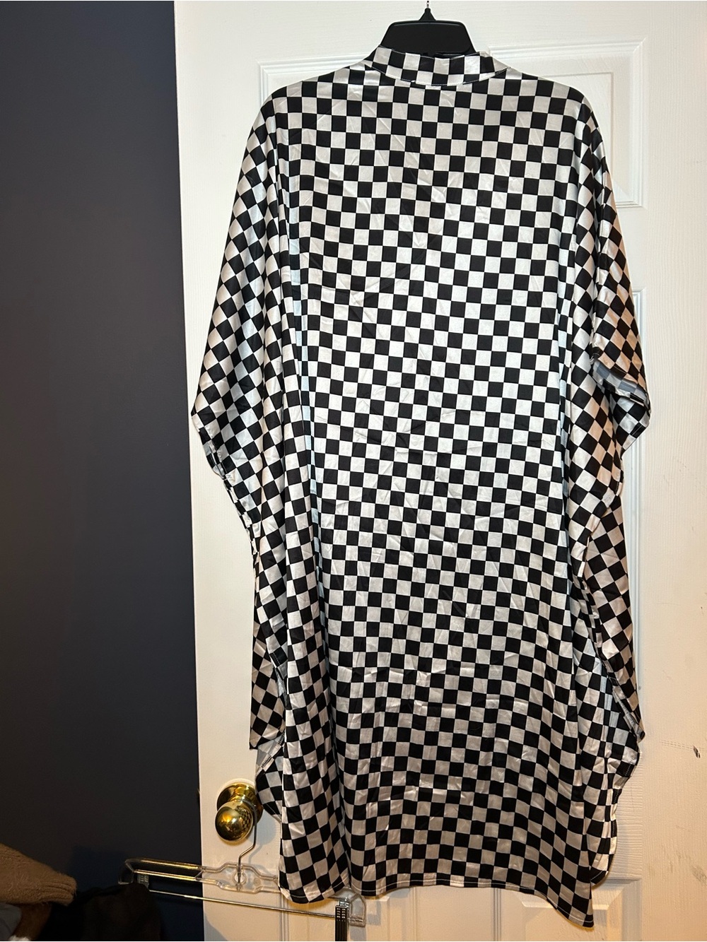 Dressed in LALA Black and White Checkerboard Satin Button-Up Shirt - Picture 2 of 5